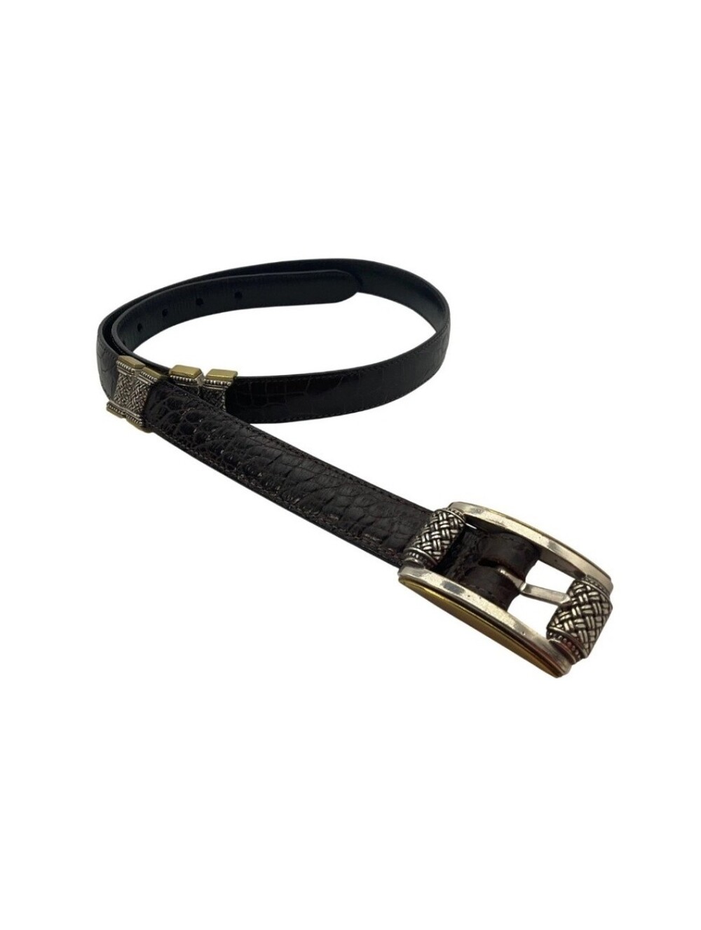 Vintage M 32 Brown Faux Croc Embossed Reversible Belt Silver Gold-Tone Buckle